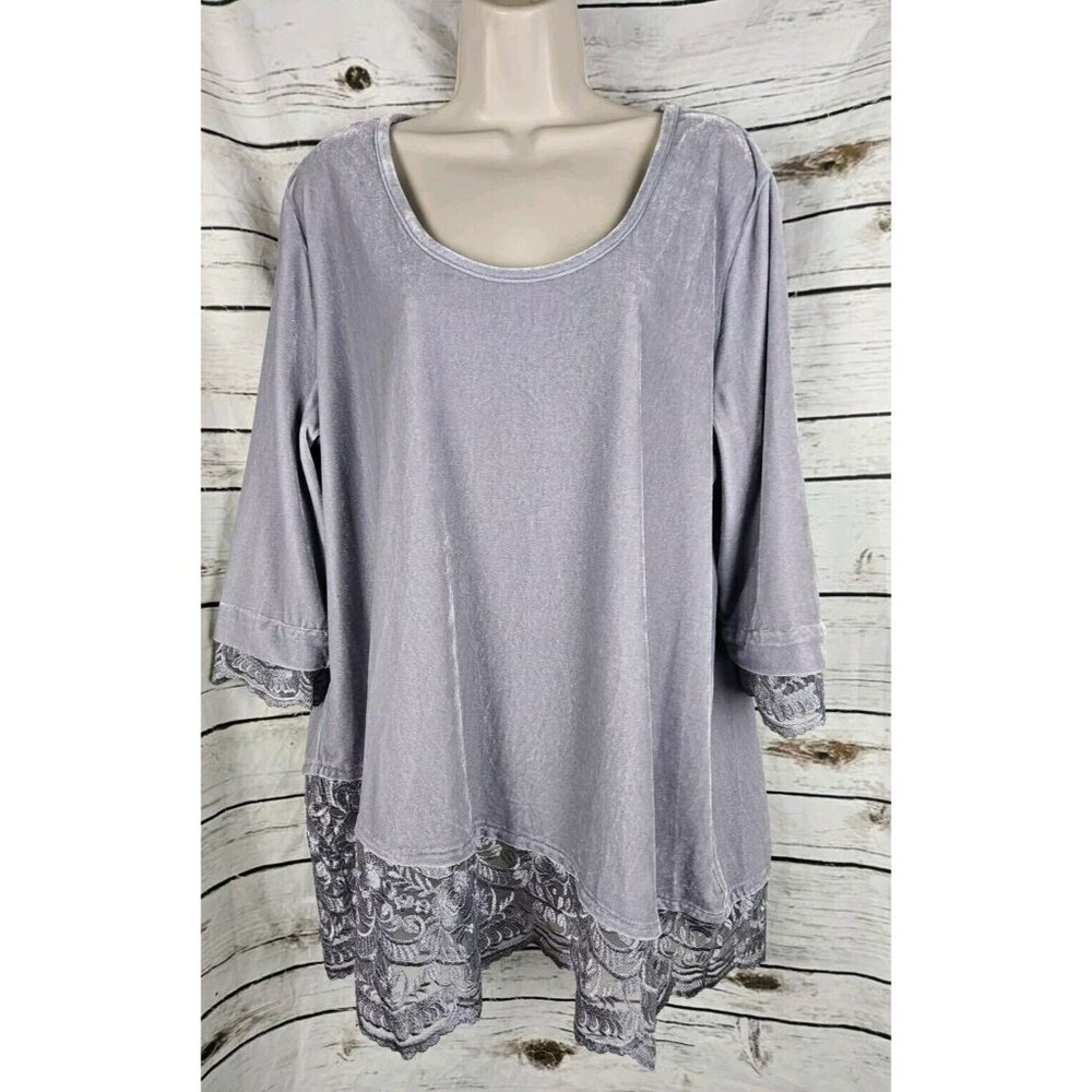 Soft Surroundings Gray Velvet Tunic Top XL Lace Trim 90's Y2K Vibe Womens